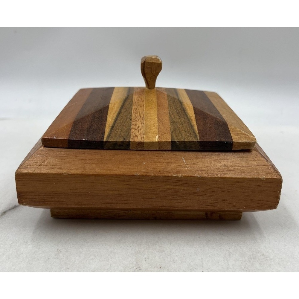 Vintage Inlaid Mixed Wood Trinket Box Red Velvet Lined Square Jewelry Case